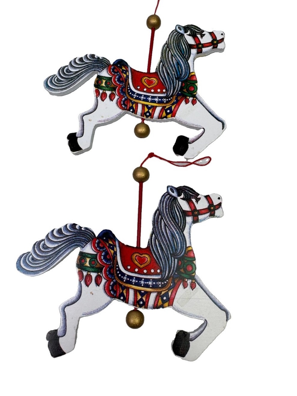 Vintage Wooden Carousel Horse Christmas Ornaments Set Of 2 Hand Painted 5” Holid
